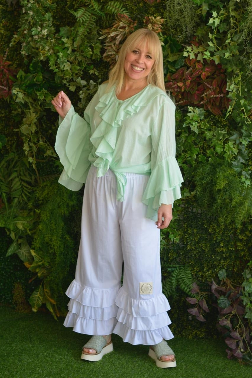 Tunica folhos manga em leque verde água